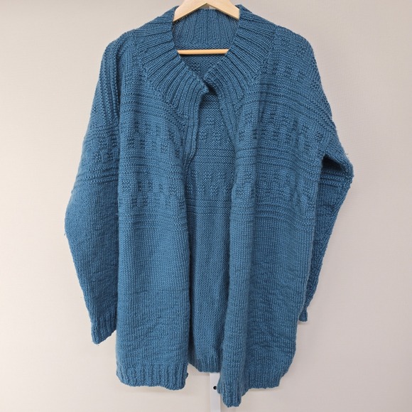 Handmade Sweaters - Handmade Vintage Teal Blue Chunky Knit Open Front Cardigan Sweater Women Large